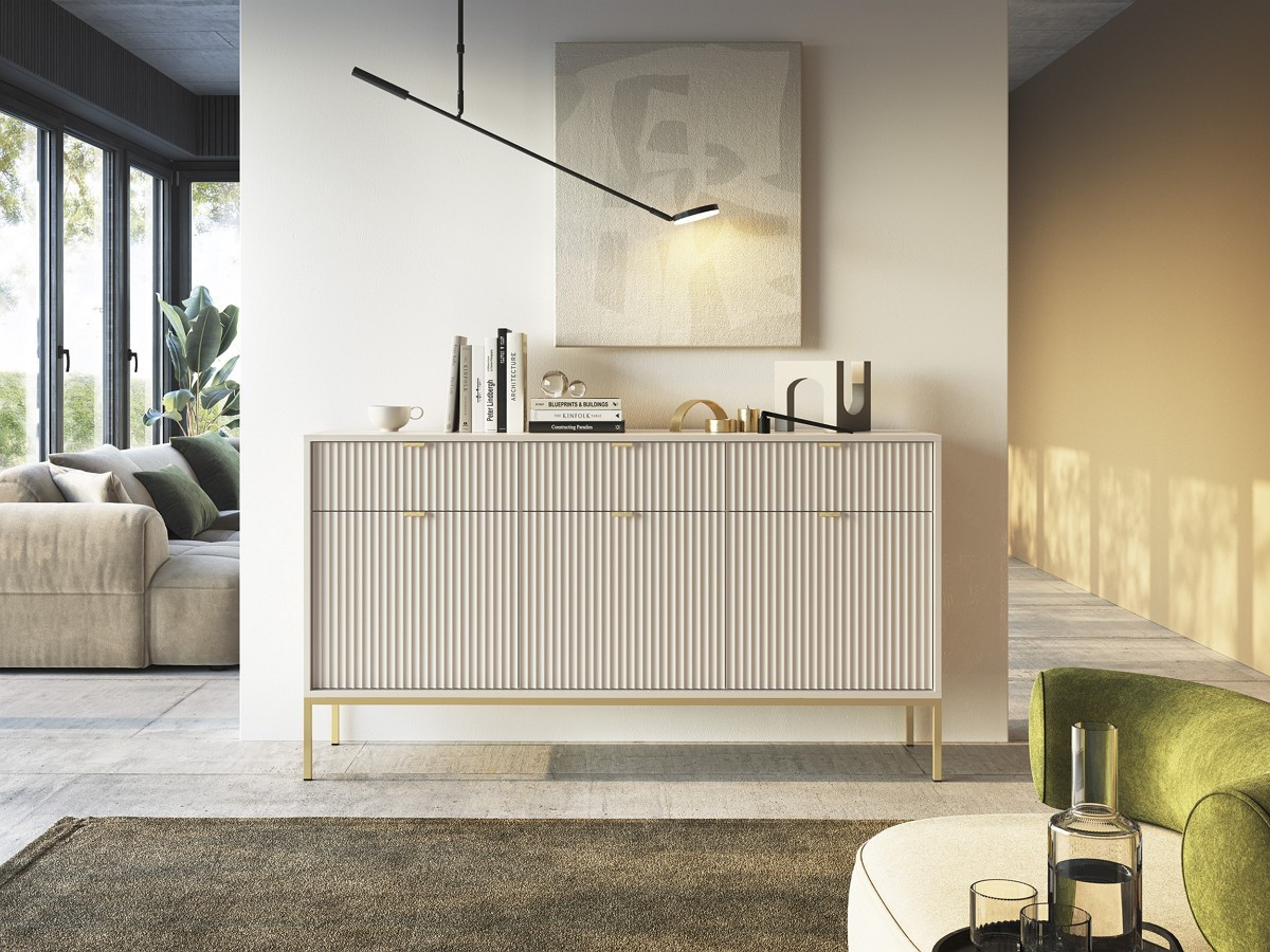 Комод Perfect Home Нова / Nova 3-дверний з 3 шухлядами і золотими ніжками KSZ154 Кашемір, фото 1