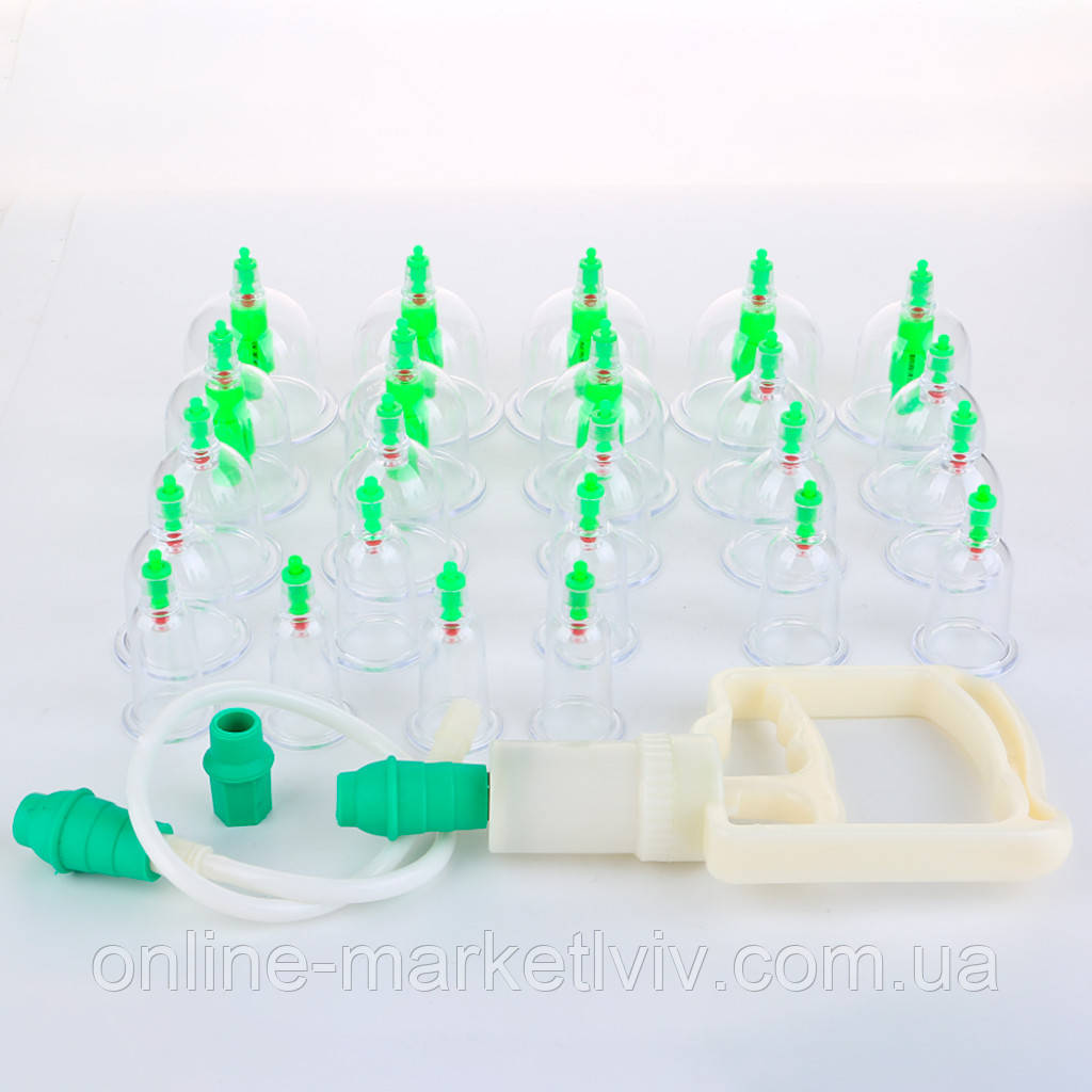 Вакуумні банки для масажу з помпою, 24 шт / Масажні антицелюлітні банки / Баночний масажер / Медичні вакуумні банки, фото 1