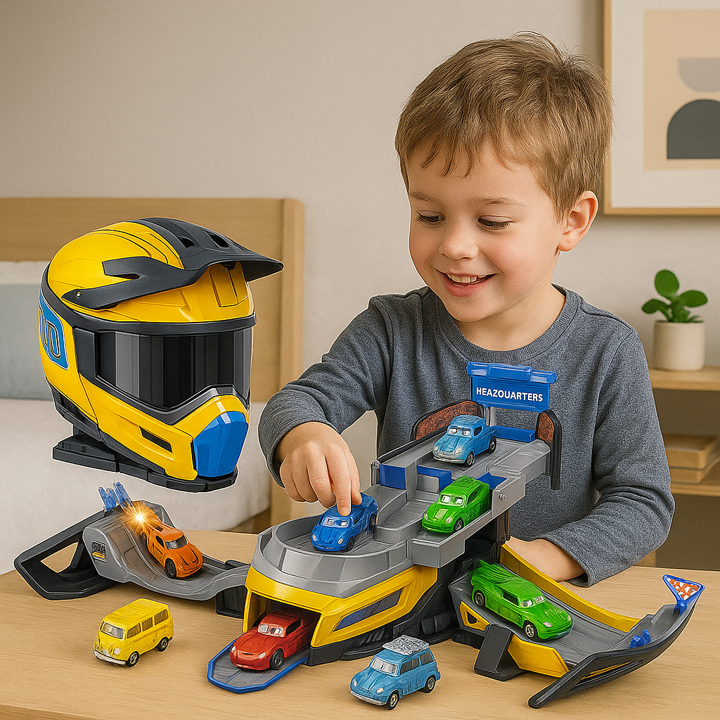 Дитячий трансформер гараж з шоломом світлозвуковими ефектами 2 машинками паркінг для машинок із треком для дітей, фото 1