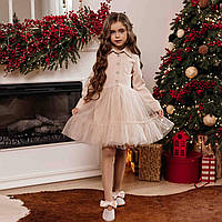 Нарядна Сукня на дівчинку 110-134 см Костюмка 003718 беж