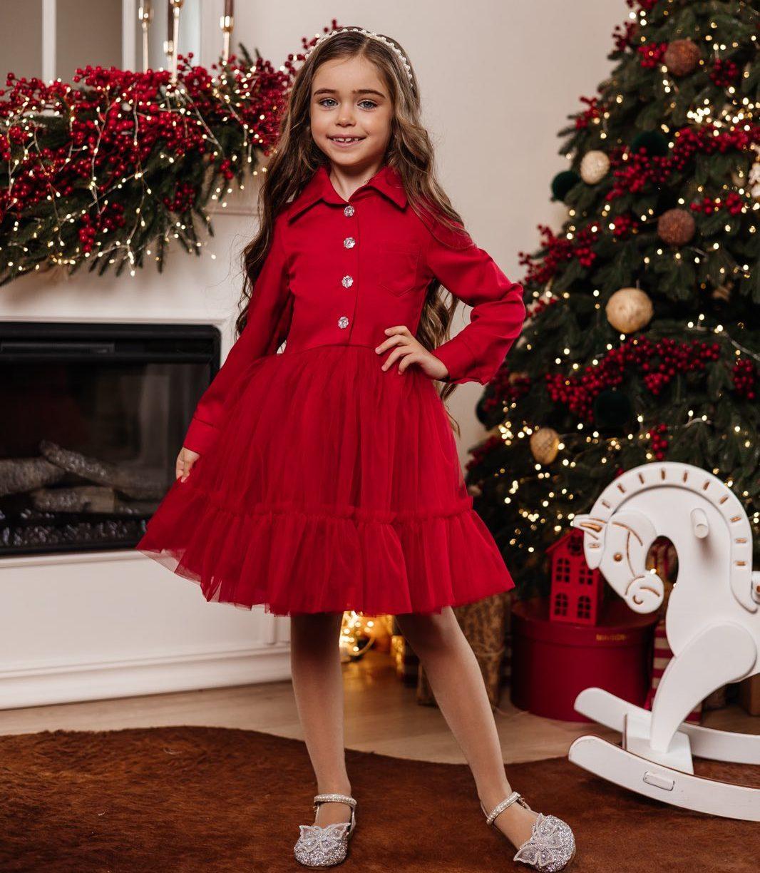 Нарядна Сукня на дівчинку 110-134 см Костюмка 003719 червона