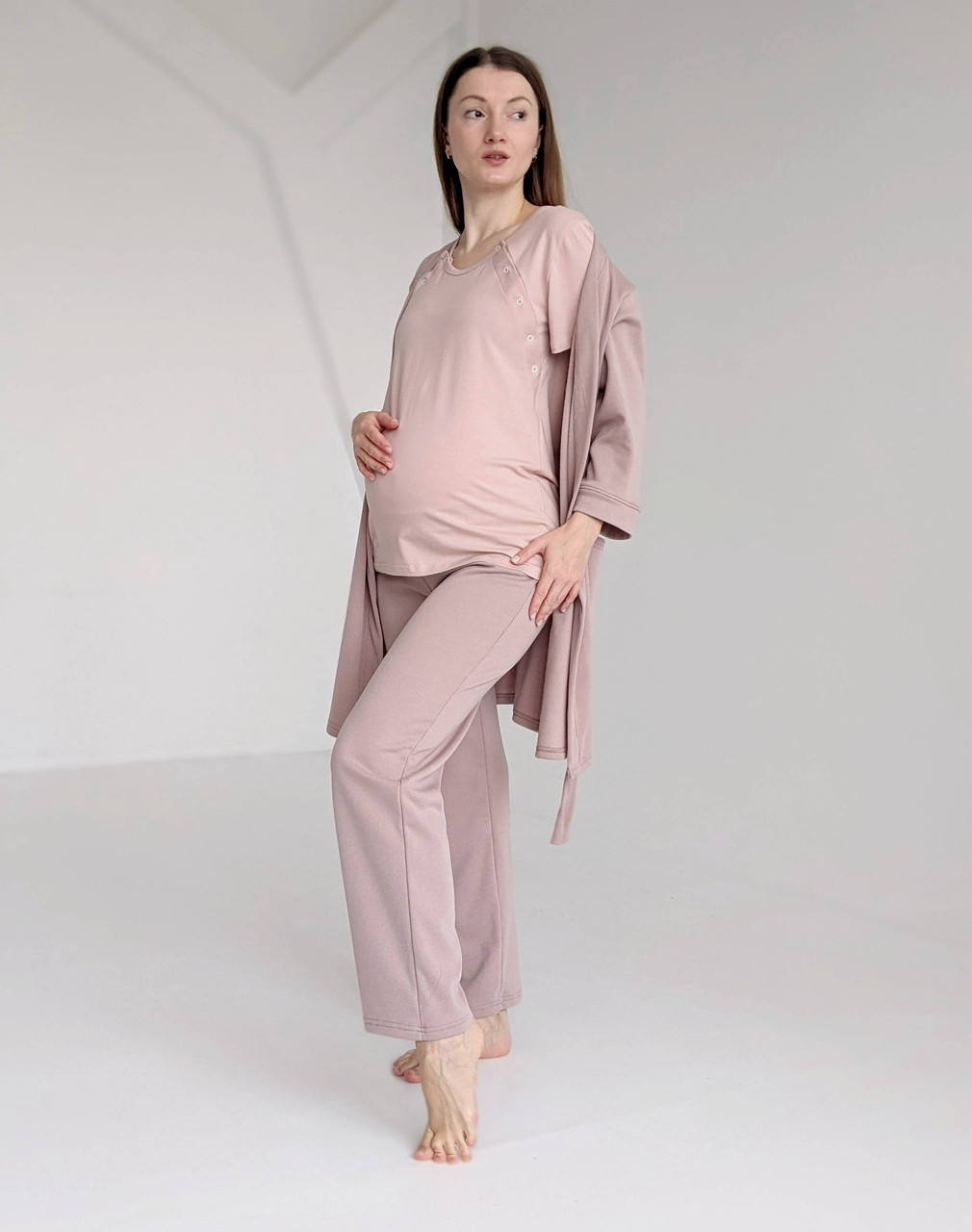 Тепла піжама з футболкою для вагітних та годуючих мам (пудровий), фото 1