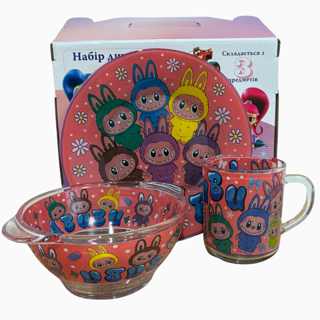 Дитячий набір скляного посуду для годування Лабубу 3 предмета Metr+