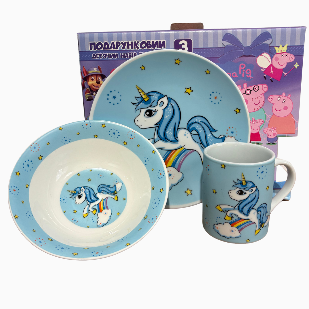 Набір дитячого посуду Єдиноріг синій 3 предмети склокераміка від 2х років