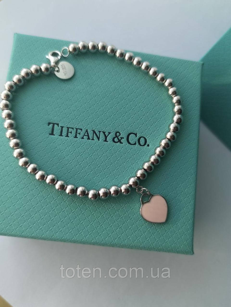 Браслет Тіффані з намистинками із серцем рожеве, срібло 925 топ, фото 1