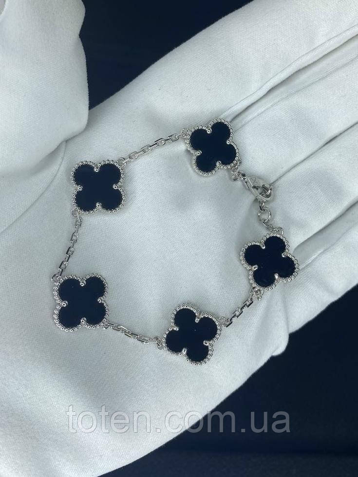 Браслет на 5 квіток Van cleef чорний онікс сріблястий топ, фото 1