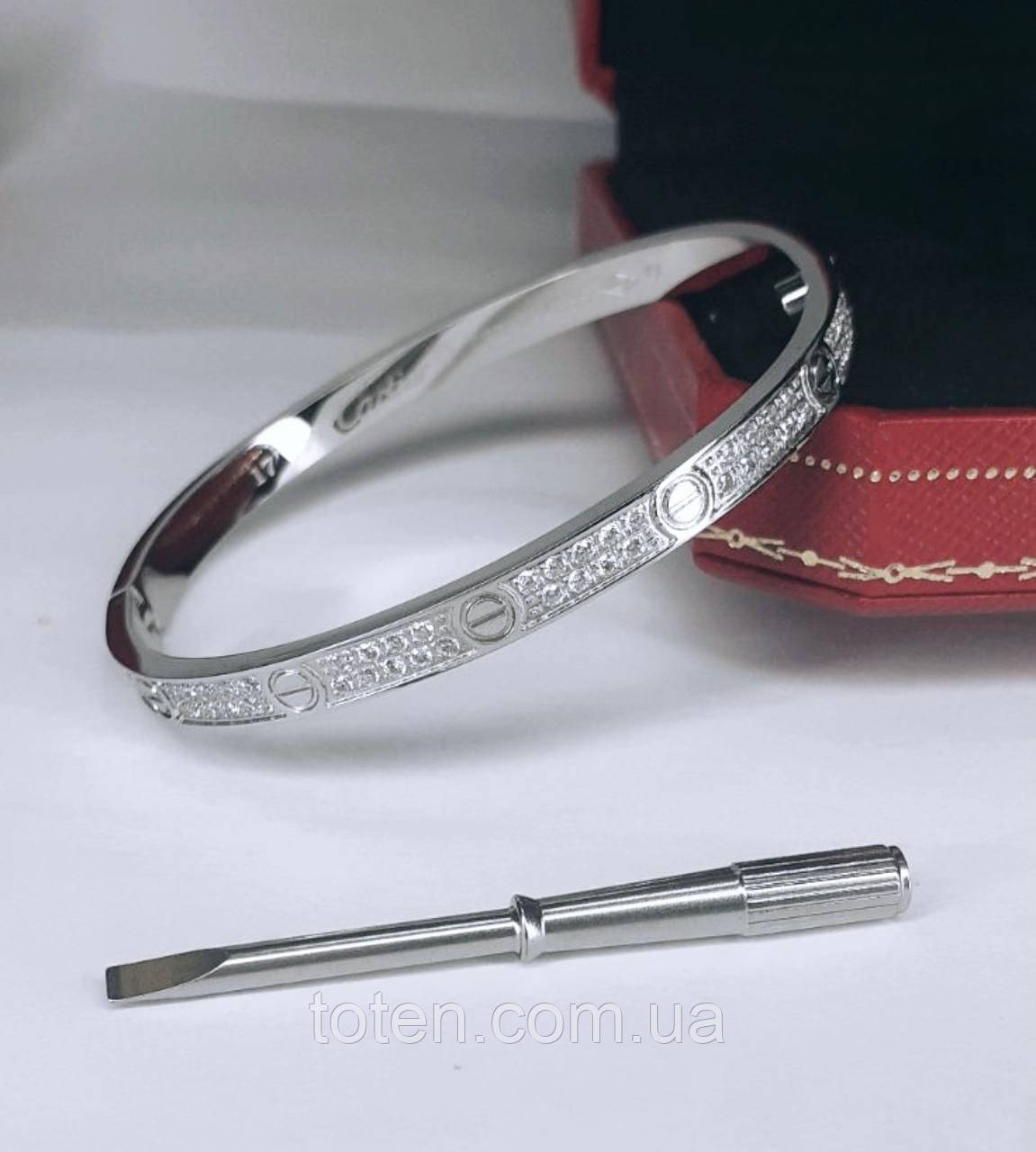Браслет Картьє з викруткою повністю в фіанітах,2 лінії каменів сріблястий топ, фото 1