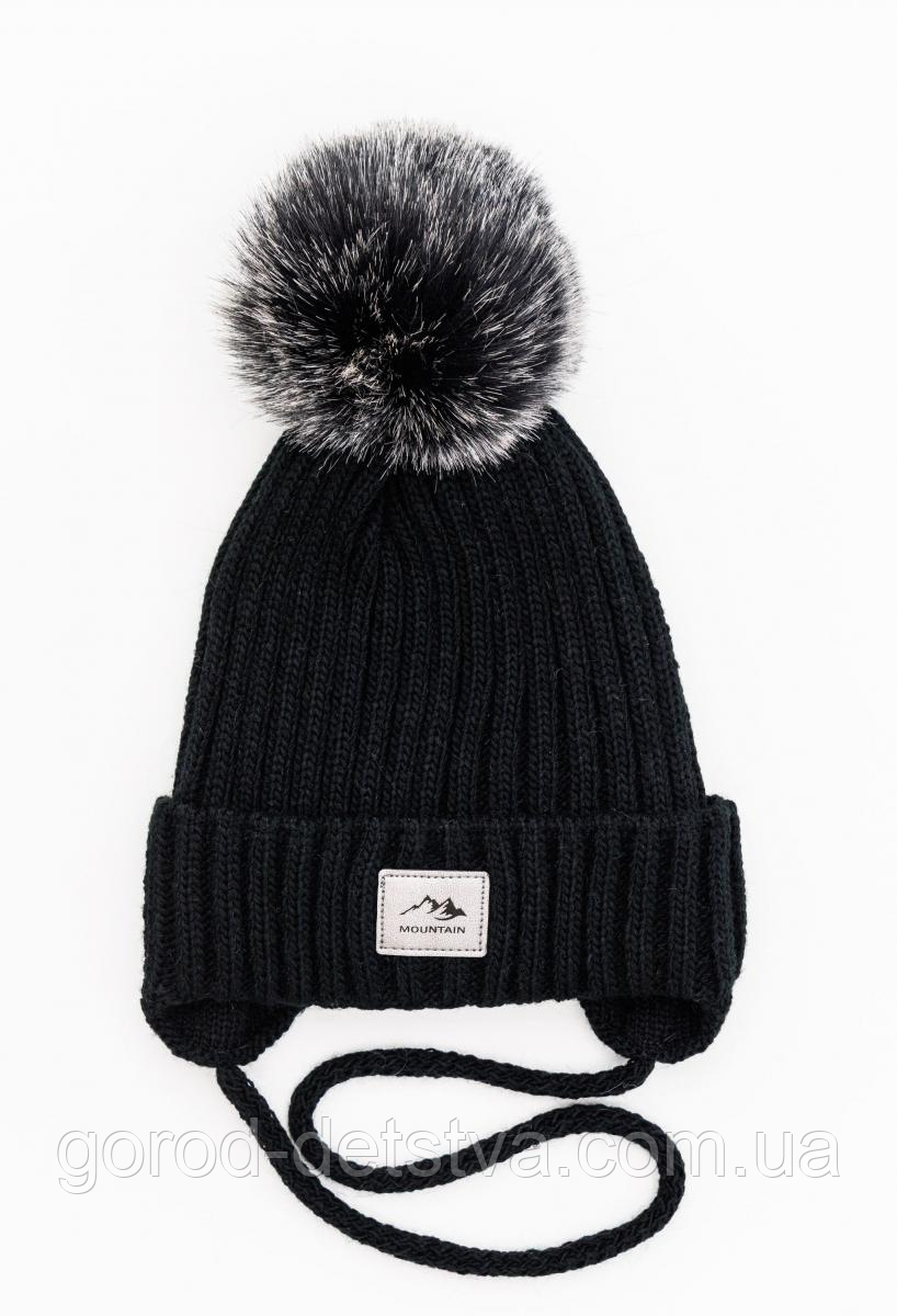Зимова дитяча шапочка з бубоном на зав'язках для хлопчика розмір 50-52 см, фото 1