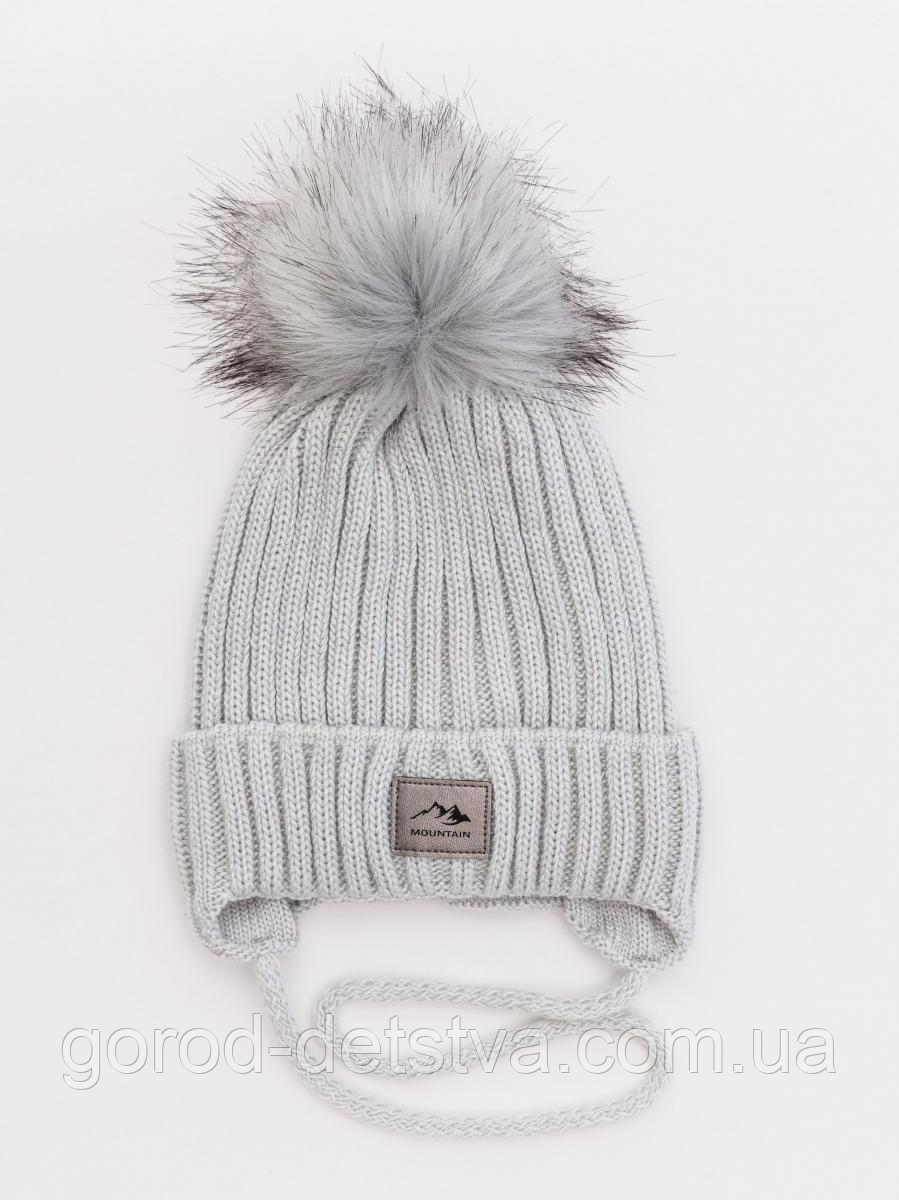 Зимова дитяча шапочка з бубоном на зав'язках для хлопчика розмір 50-52 см, фото 1