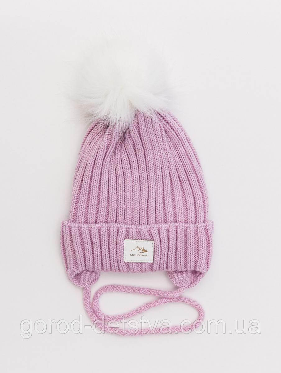 Зимова дитяча шапочка з бубоном на зав'язках для хлопчика розмір 50-52 см, фото 1