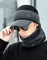 Набор шапка Бини шарф снуд черный мужской или женская зимняя