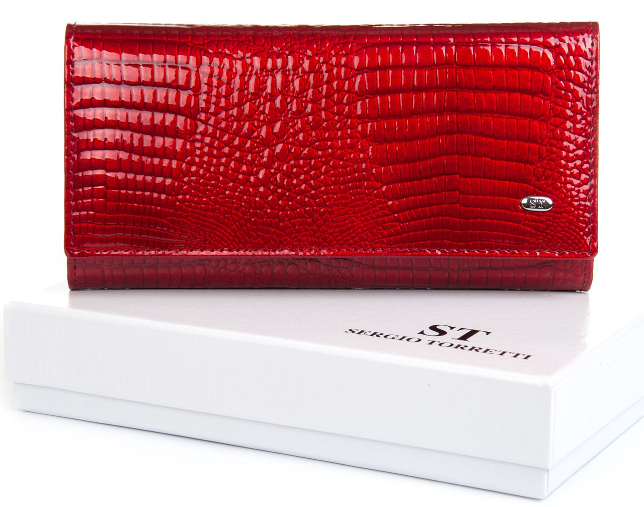 Червоний шкіряний гаманець на магнітах жіночий лаковий з двома монетницами Sergio Torretti W501-2