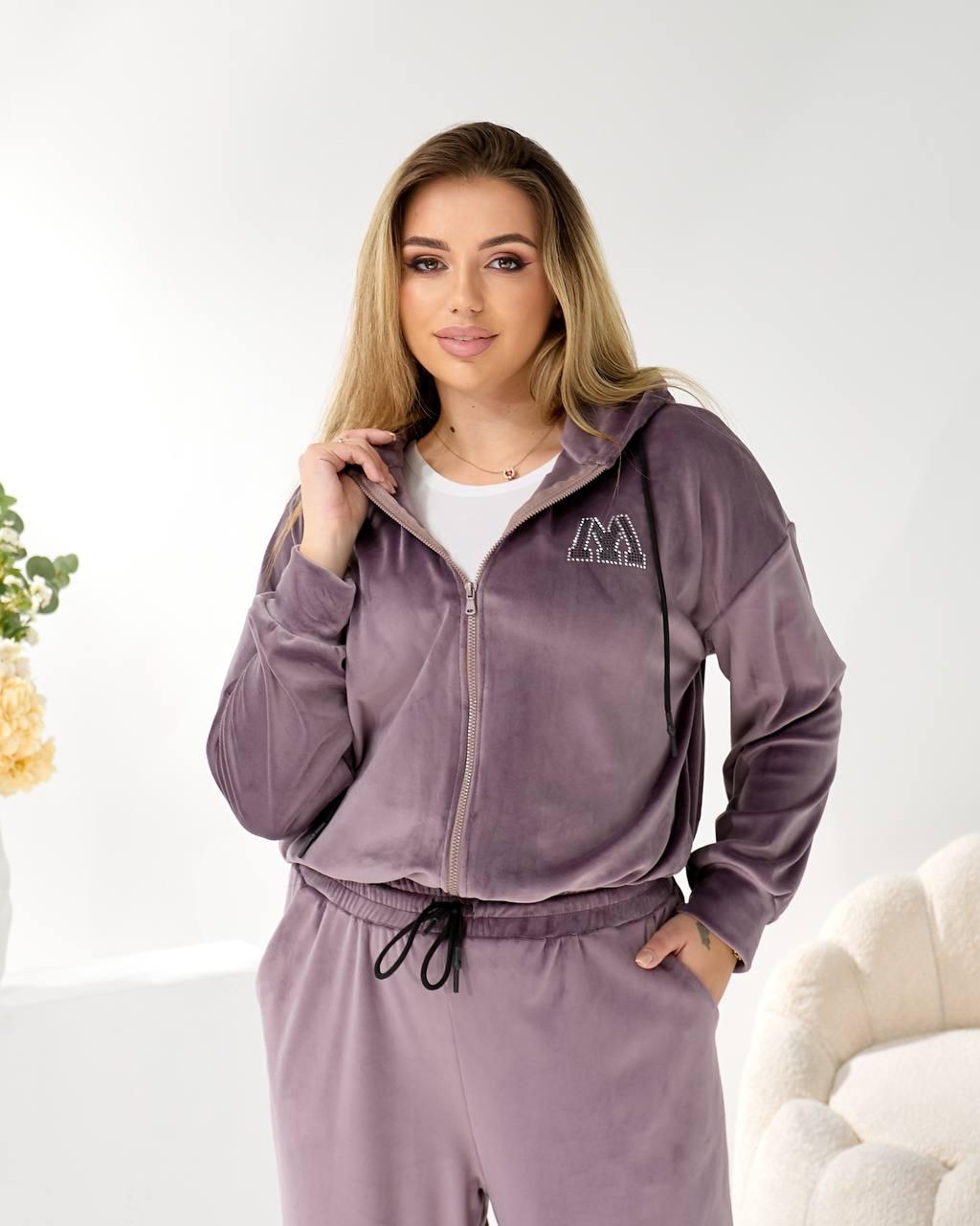 Костюм велюровий люкс каміння на грудях капюшон штани палаццо модель 2530 (46-52), фото 1