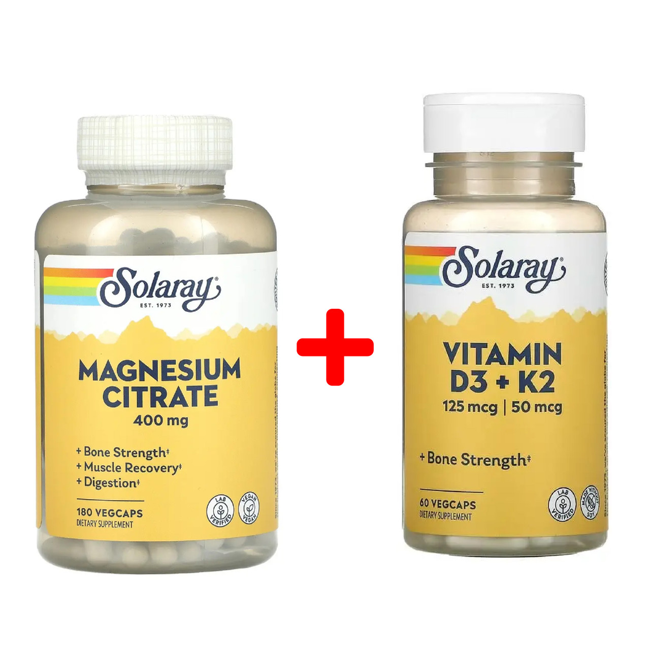 Комплекс вітамінів для кісток та серця Solaray Магній цитрат 180 капс і Вітамін Д3+К2 60 капс, фото 1