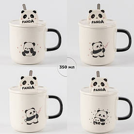 Чашка керамічна Панда з кришкою та ложкою 350 мл в асортименті