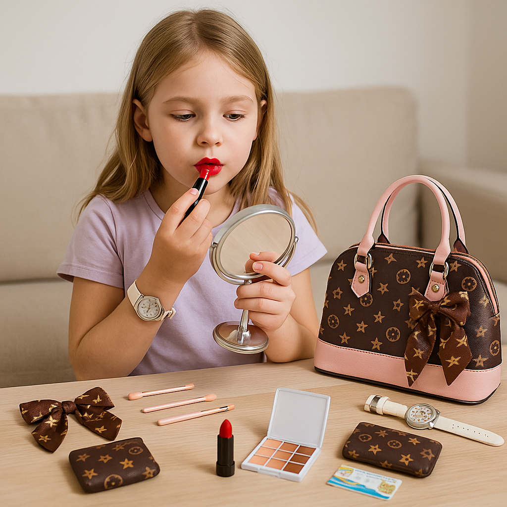 Дитячий набір косметики для макіяж губна помада тіні для повік пензлики для макіяжу прикраси годинник шарф гаманець сумочка, фото 1
