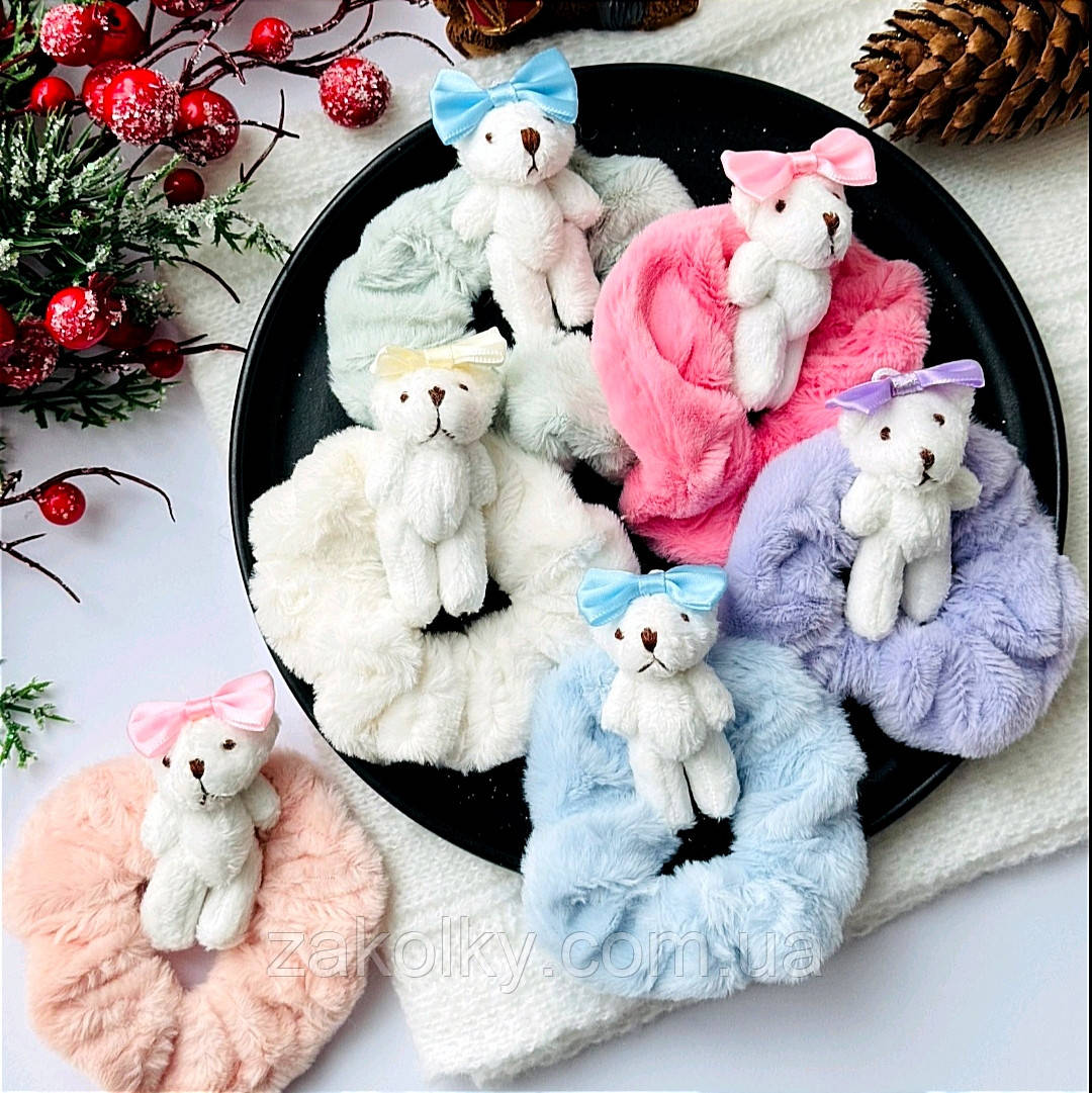 Гумки для волосся дитяче хутро "Мишка з бантиком".