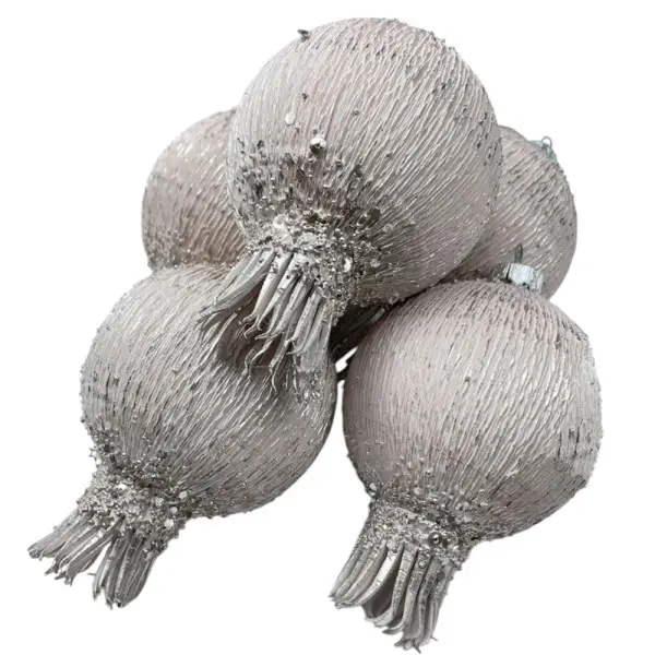 Набір ялинкових іграшок Гранат 6 штук 8×10 см пудра зі сріблом, новорічні прикраси різдвяні декорації на ялинку, фото 1