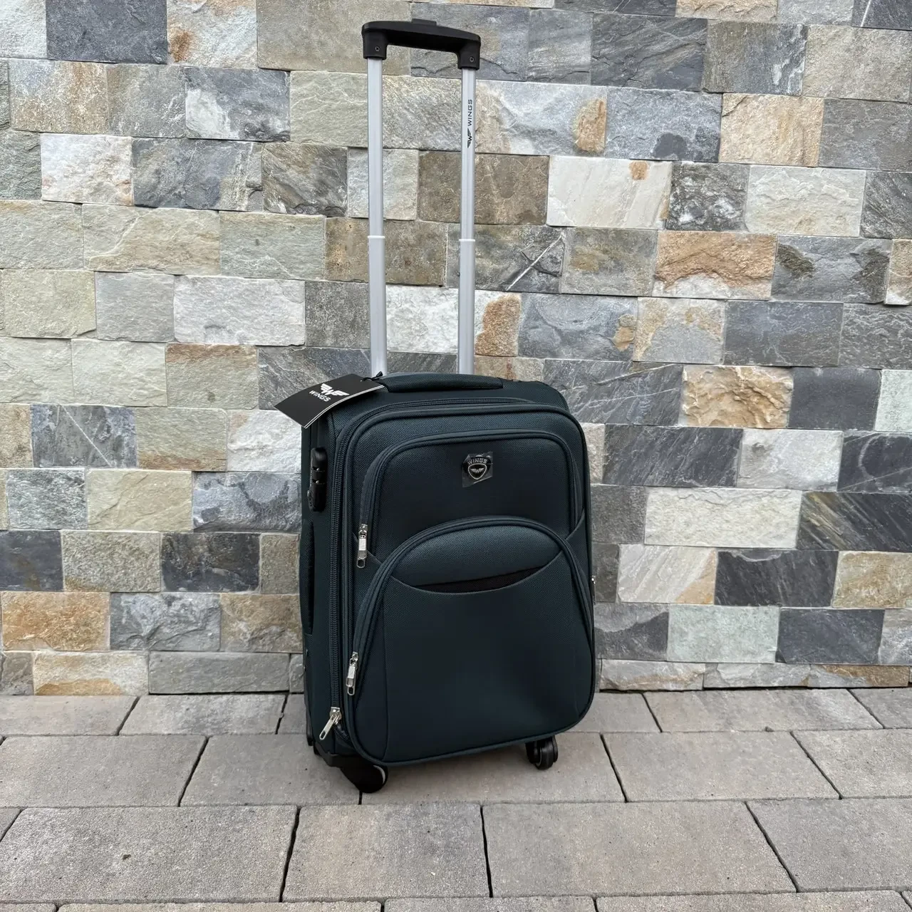 Дорожня валіза Wings 1708 S тканинна на 4 колесах, мала темно-зелена, фото 1