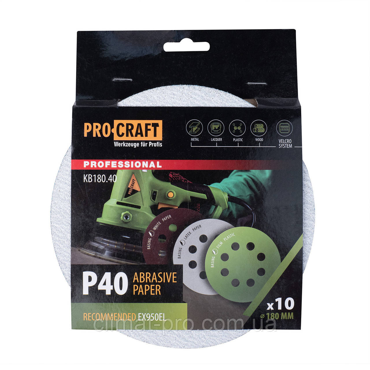 Круг шліфувальний самозачепний Procraft KB180.40 UNIVERSAL (набір 10 шт.) 8 отв., фото 1
