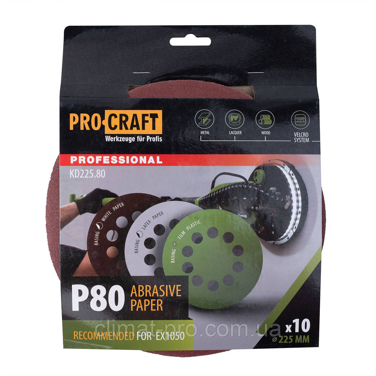 Круг шліфувальний самозачепний Procraft KD225.80 UNIVERSAL (набір 10 шт.) 10 отв., фото 1