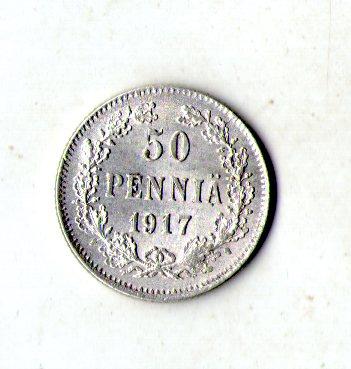 Фінляндія › тимчасовий уряд  50 пенні, 1917 рік Срібло 0.750, 2.55g, ø 18.6mm №556, фото 1