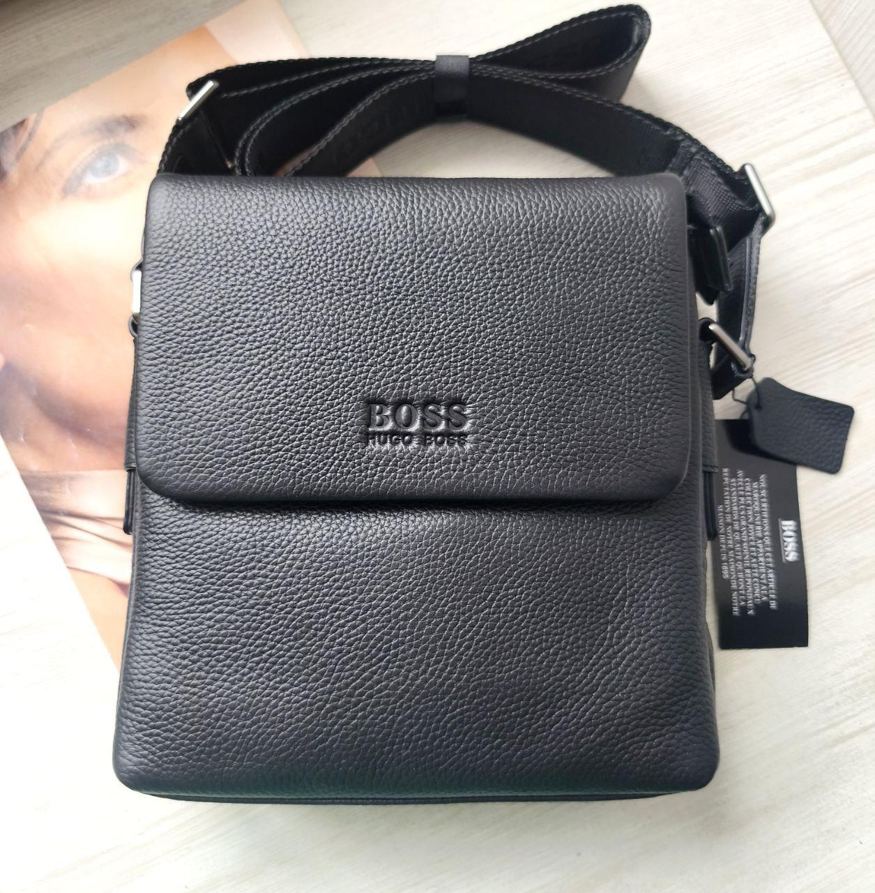 Чоловіча шкіряна сумка Hugo Boss black lux, фото 1