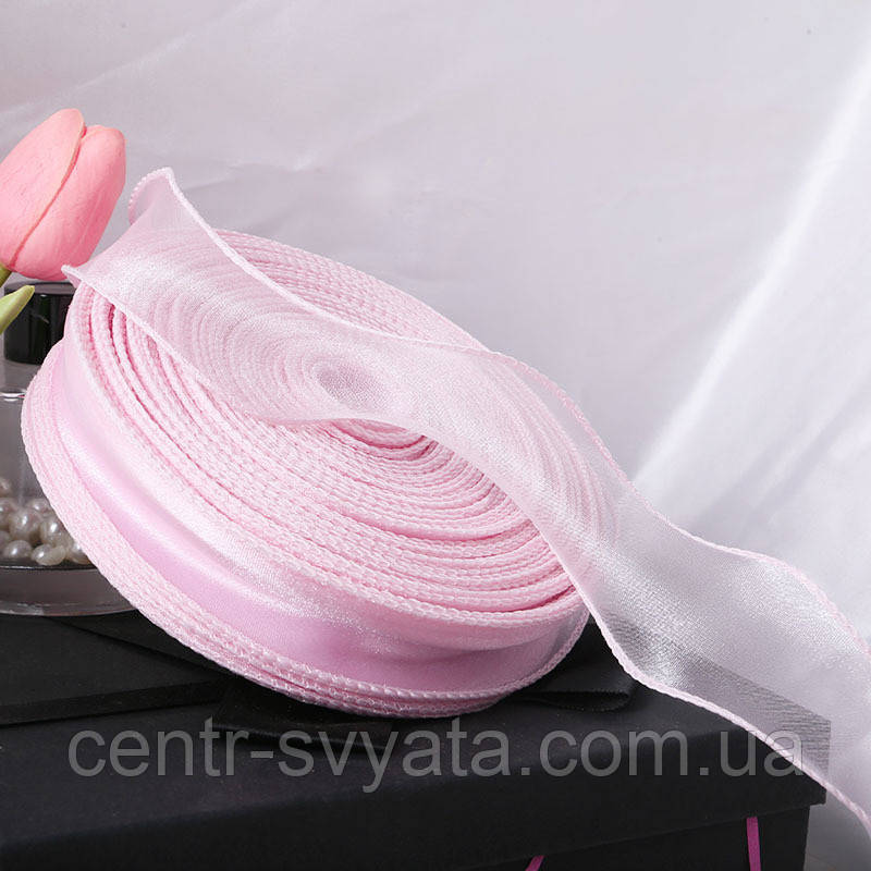 Стрічка органза з хвилястим кантом 4 см (36 м) Ніжно-рожева