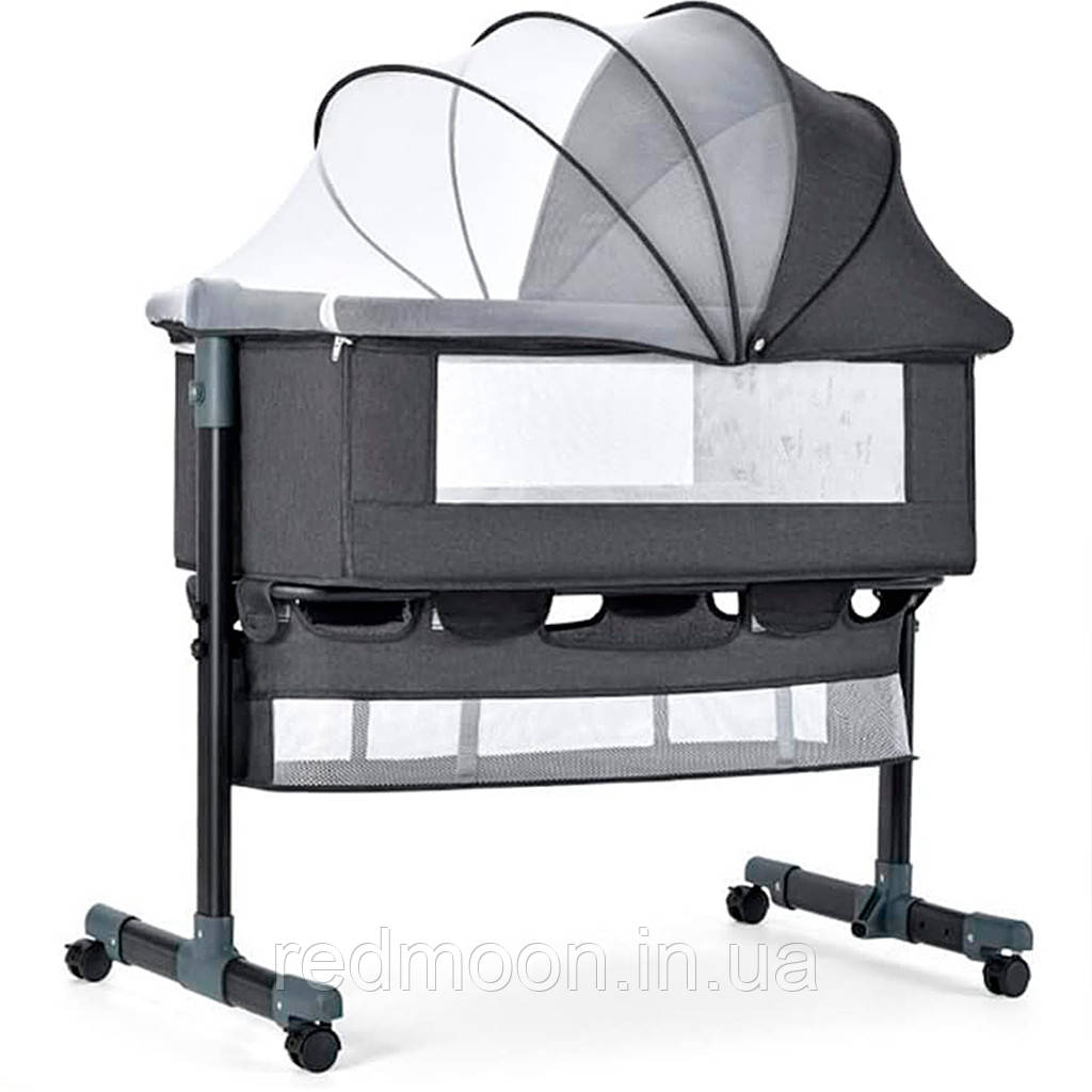 Приставне дитяче ліжечко на коліщатках, 100х80х60см, Сірий / Ліжко-колиска з москітною сіткою / Люлька-гойдалка для немовлят, фото 1