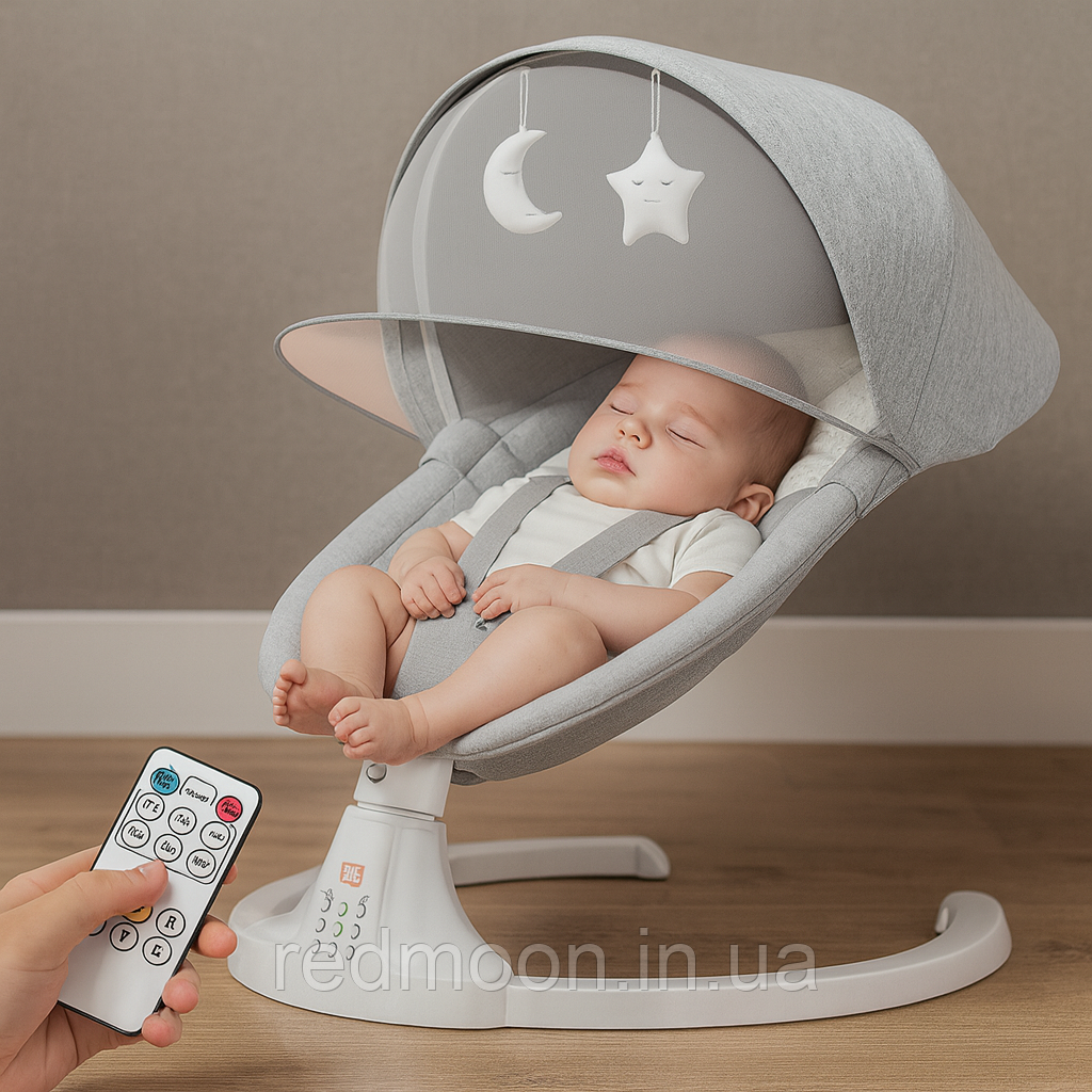 Дитяче крісло-гойдалка для немовлят до 10кг, з сіткою + пульт, 5 режимів, Сірий / Заколисуючий центр для дітей / Шезлонг-гойдалка, фото 1