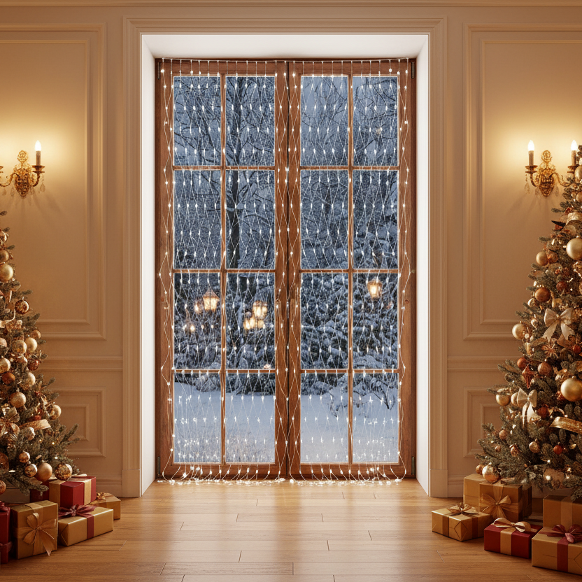 Світлодіодна гірлянда-сітка 240 LED 3.5×0.7 м, біле сяйво, прозорий дріт — чисте світло для фасаду, вікон і святкового декору, фото 1