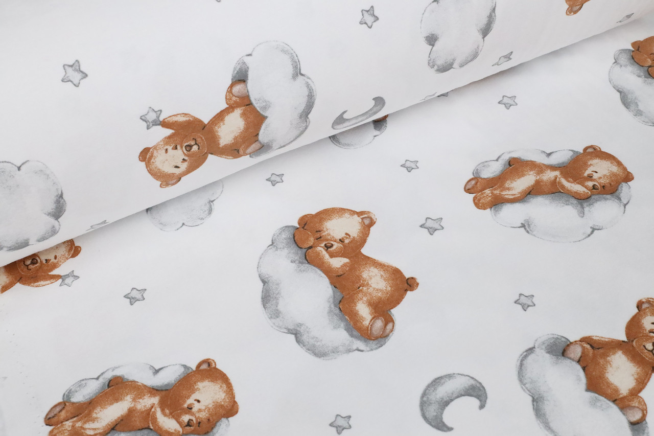 Відріз фланели Ведмедики на хмаринках, білий фон, ширина 53х216 см