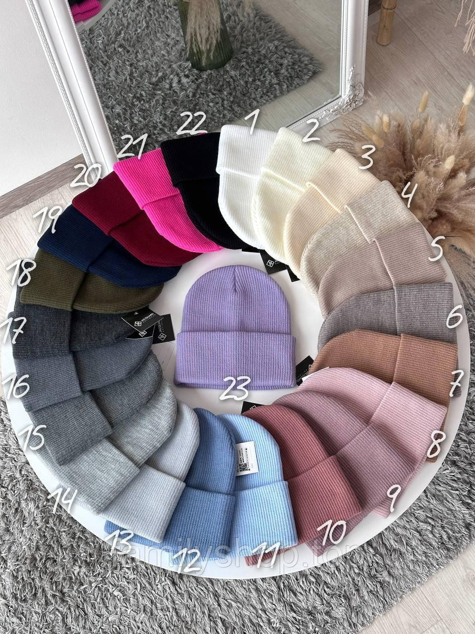 Жіноча однотонна шапка подвійна з закотом, шапка унісекс невисока лопатка з закотом, фото 1