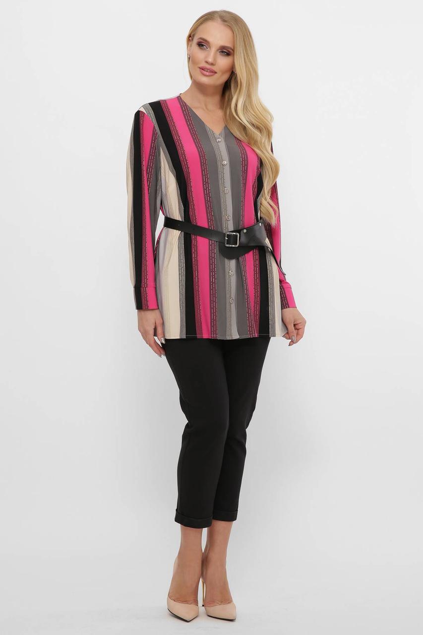 Блуза жіноча батальна трикотажна в смужку з ґудзиками • Рожевий / Помаранчевий • Розмір 54–56, фото 1