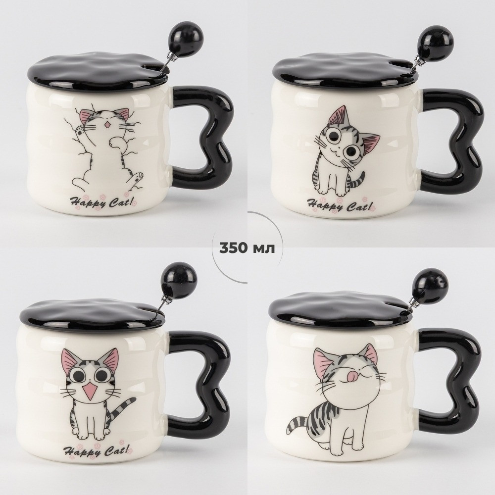 Чашка керамічна Котик з кришкою та ложкою 350 мл в асортименті, фото 1