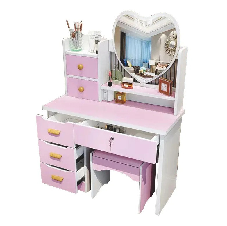 Туалетний столик з LED-дзеркалом у формі серця та пуфом, рожевий, на 6 ящиків, фото 1