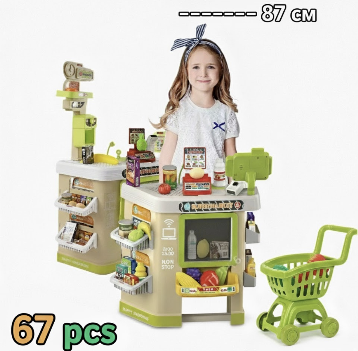 Супермаркет із візком 67 елементів, звук, підсвітка, касовий апарат, сканер, ваги, купюри, монети, продукти, до, фото 1