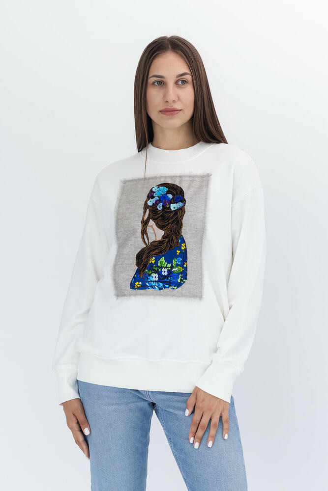 Жіночий світшот з вишивкою та аплікацією Коса Сині квіти NORA KVITTIN MKNK1510, фото 1