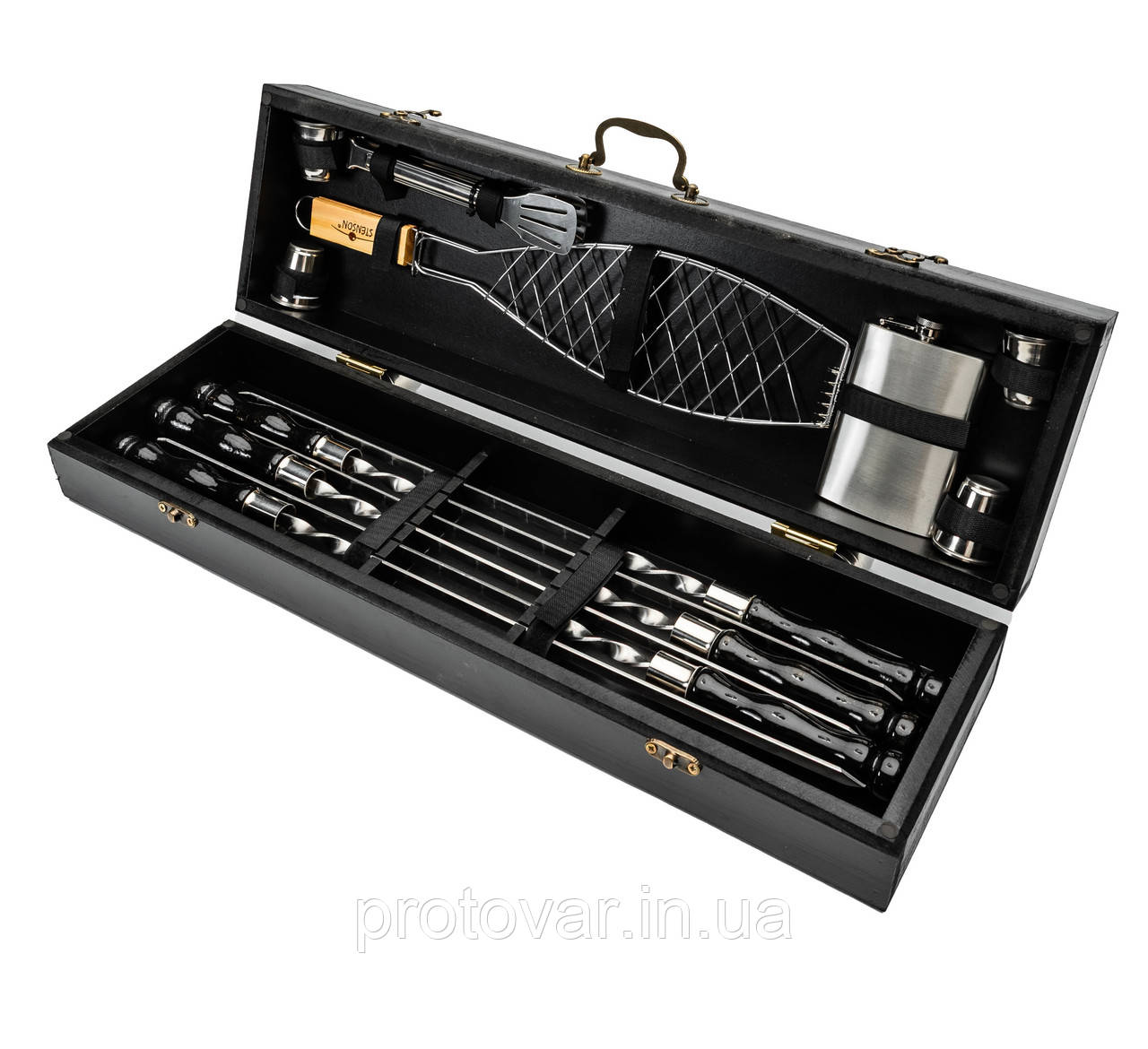 Набір для мангалу з шампурами, флягою та сіткою для риби у чорному кейсі KDP Black