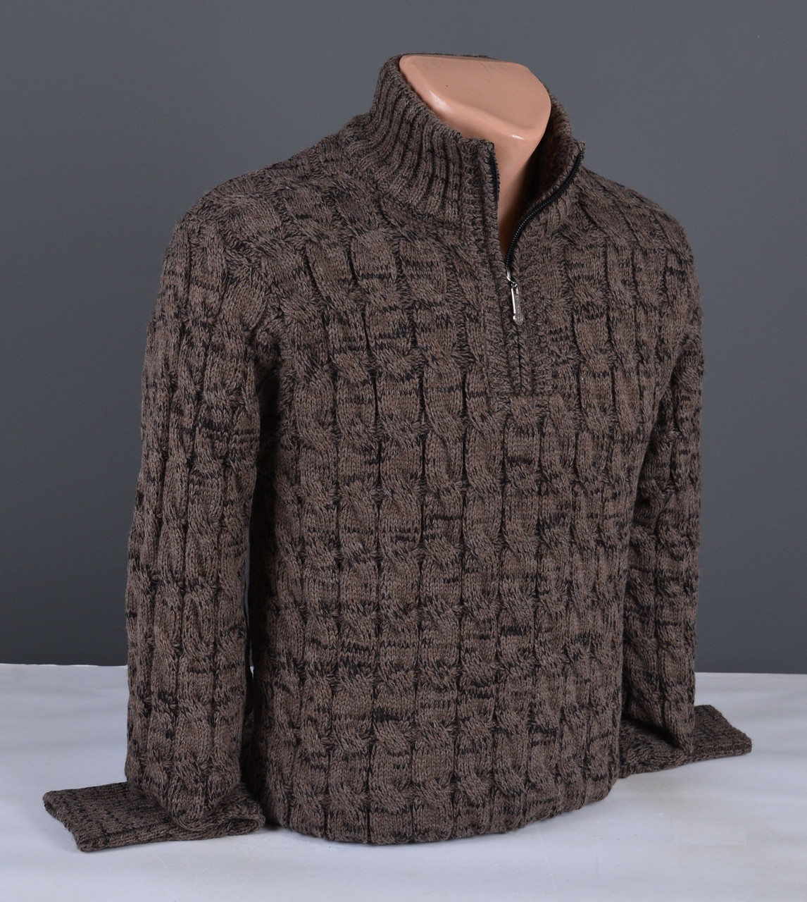 Чоловічий теплий светр із коміром на блискавці коричневий Туреччина 7178, фото 1