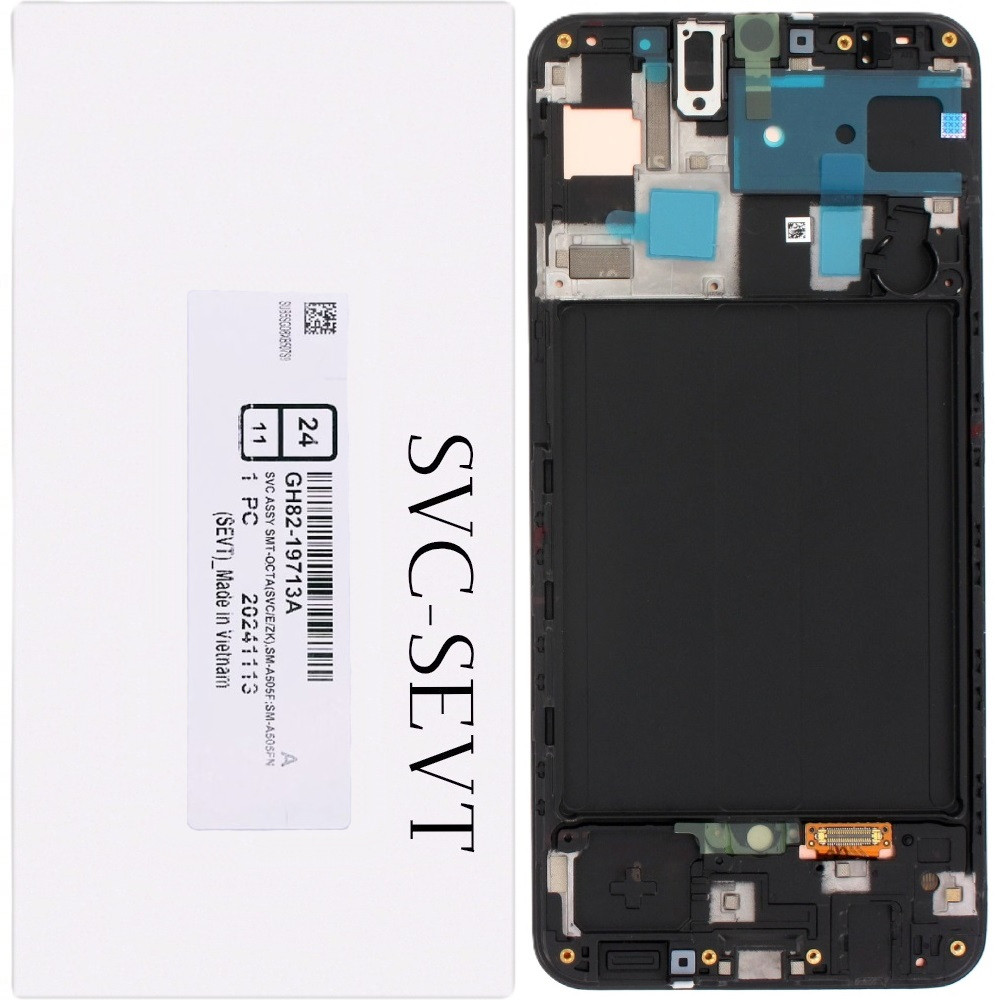 Дисплей Samsung A505 Galaxy A50 чорний, Amoled, оригінал, сервісне пакування, з рамкою, GH82-19713A, фото 1