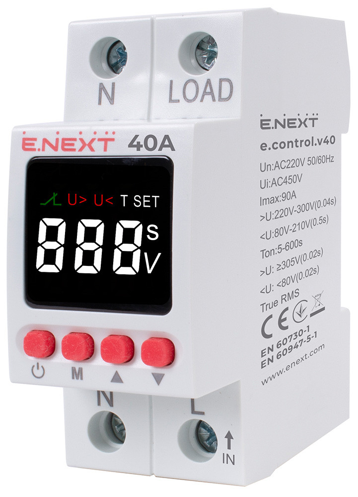 Реле контролю напруги однофазне 40А з індикацією e.control.v40 (2 модулі) E.NEXT, фото 1