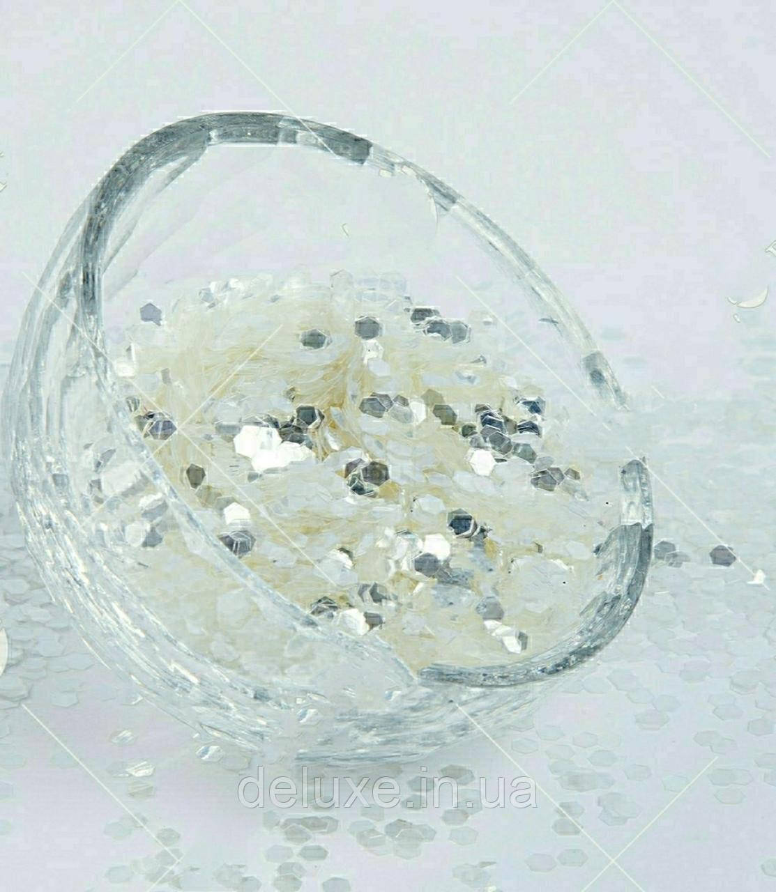 Глітер Hexagon Metallic Преміум, білий крапка ( сріблястий блиск), колір СА 1001, розмір 1/64 ( 0.4 мм), 1кг, фото 1