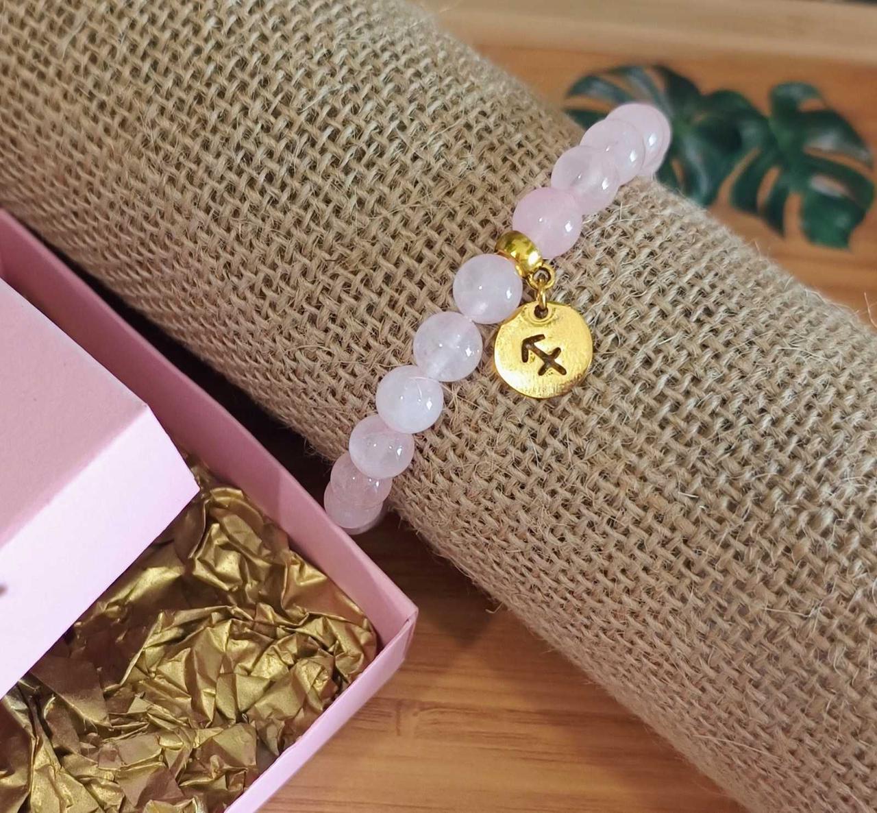 Браслет із рожевого кварцу “Стрілець”, натуральний камінь любові, жіночий, з кулоном, у подарунковій коробці BR046-Sagittarius, фото 1