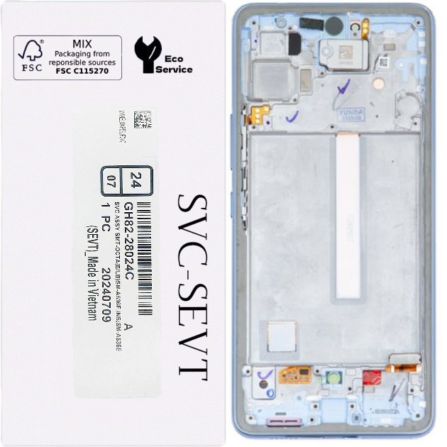 Дисплей Samsung A536 Galaxy A53 5G чорний, Amoled, оригінал, сервісне пакування, з рамкою блакитного кольору, Blue, GH82-28025C, фото 1