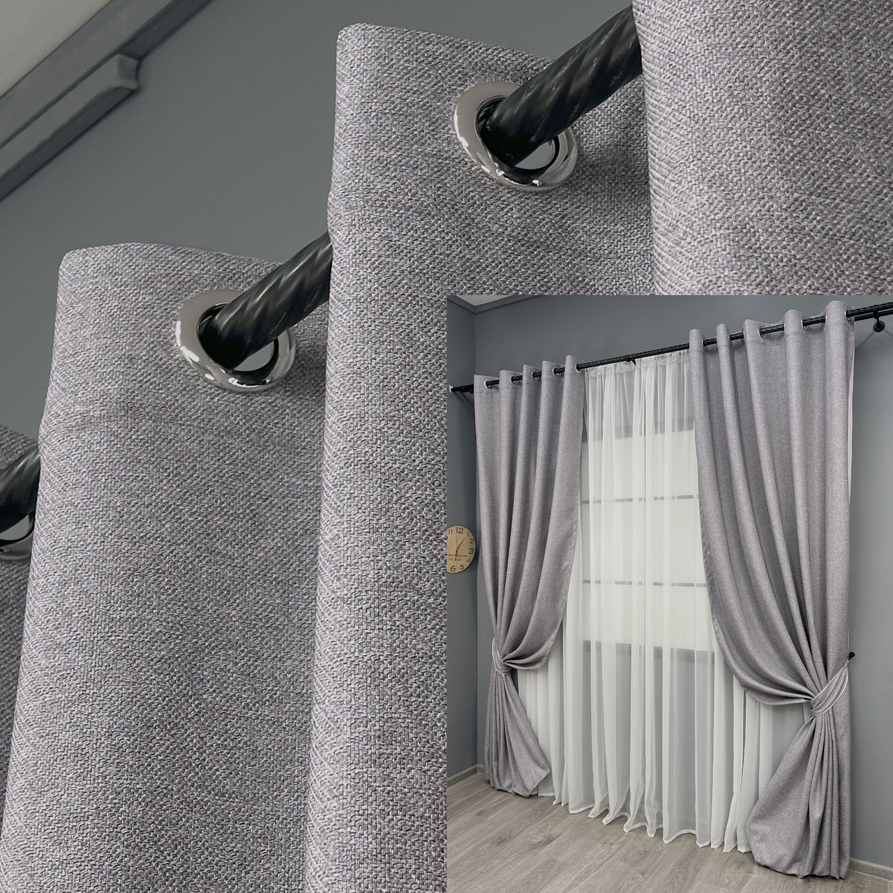 Комплект штор (2шт. 1,5х2,7м.) на люверсах льон фактурний преміум, колекція “ELEMENTA”. Колір світло-сірий. Код 1866ш 37-0276, фото 1