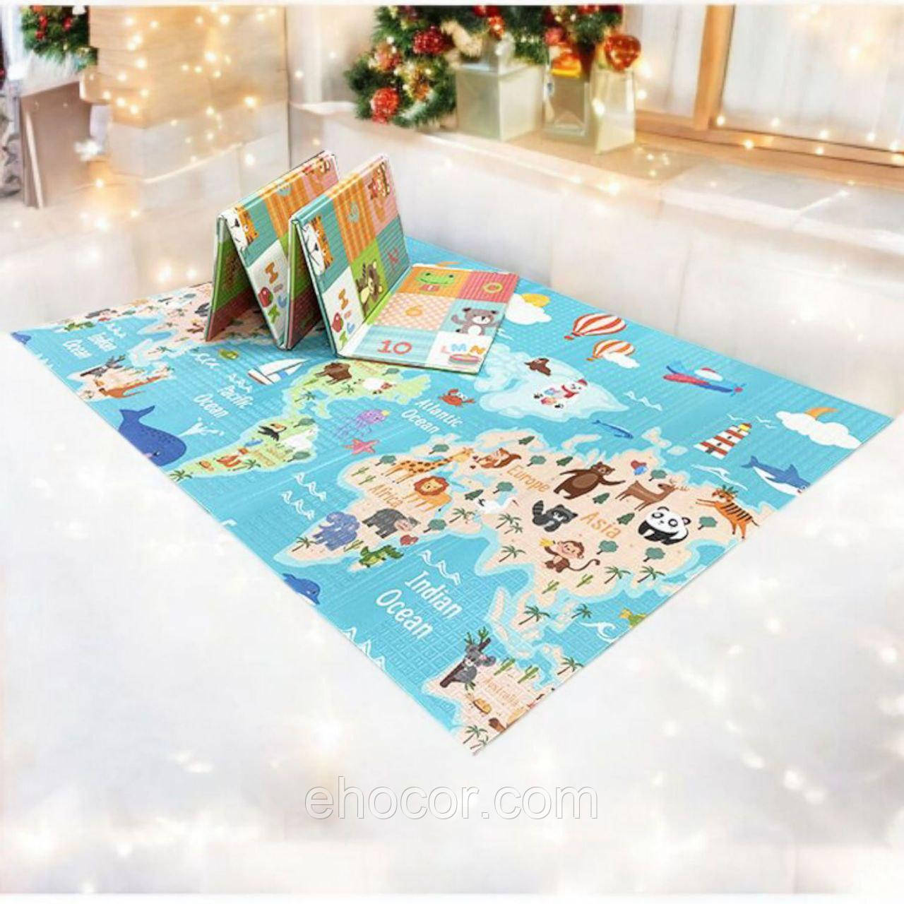 Дитячий термокилимок двосторонній Складний  Мапа світу HF38/HF50 Тваринки 200х150х1см +сумка, фото 1