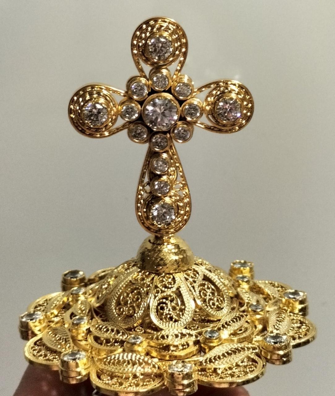 Хрест позолочений для митри з камінням фіанітів, фото 1