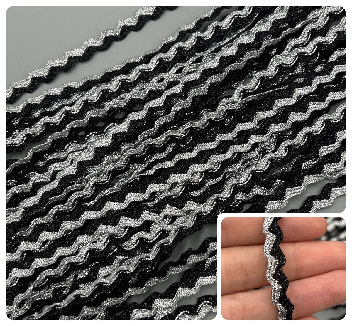 Тесьма декоративна / В'юнок / 5 мм / 15 метрів / Люрекс / Чорний+Срібло, фото 1