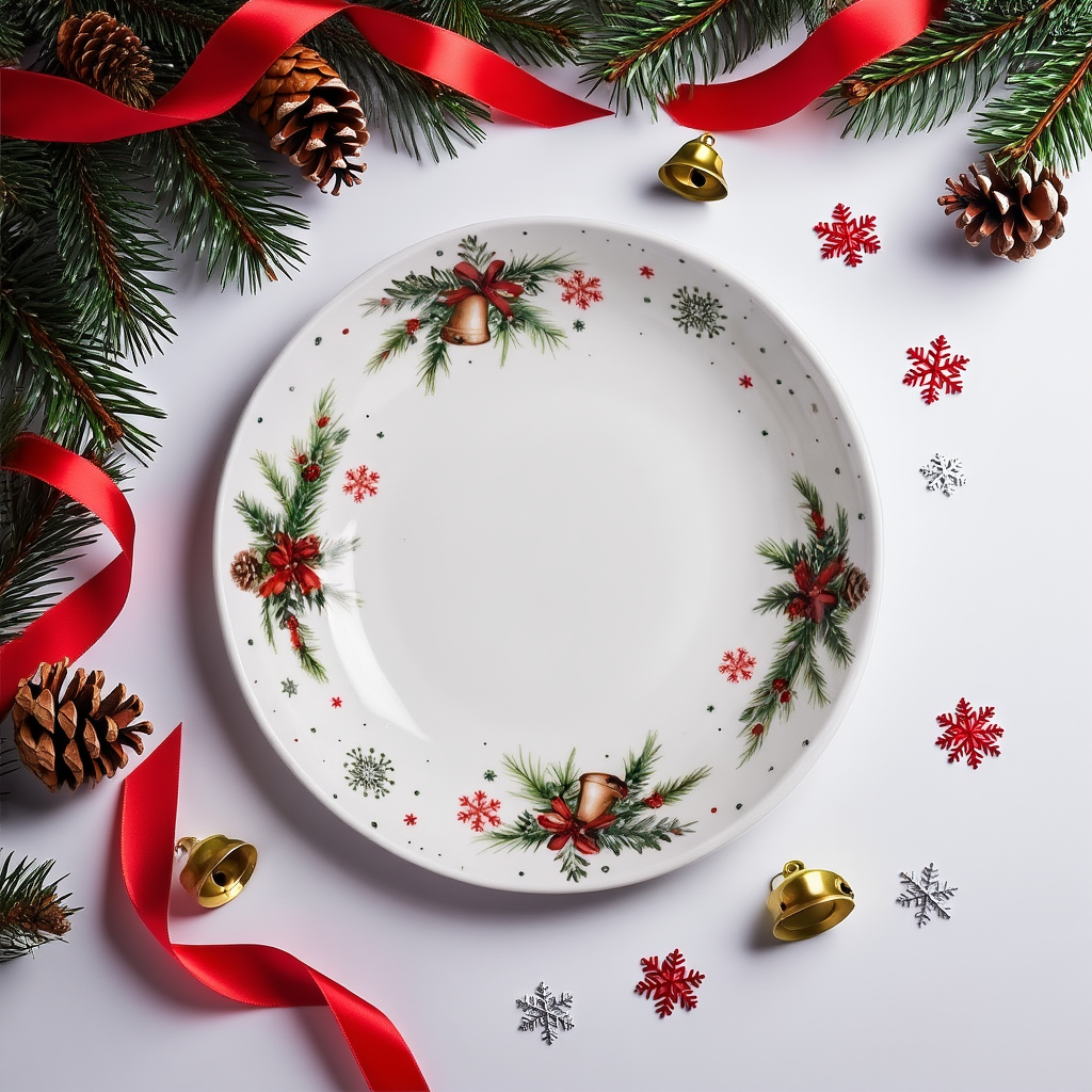 Тарілка новорічна 23 см порцелянова з різдвяним декором дзвоники, святковий посуд сервірування закуски десерти, фото 1